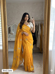 Beautiful Fendy Chiffon Silk Siroski & Val Moti Heart Cutwork Border Saree