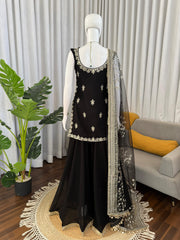 Festive Ready Black Palazzo Set With Fancy Lace & Embroidery Work