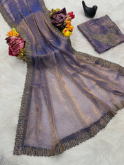 Beautiful Party-wear Satin Space Silk Zarkhan Diamond Work Saree