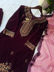 Winter Special Velvet Embroidery Work Suit