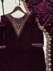 Winter Special Velvet Sequence Embroidery Work Suit