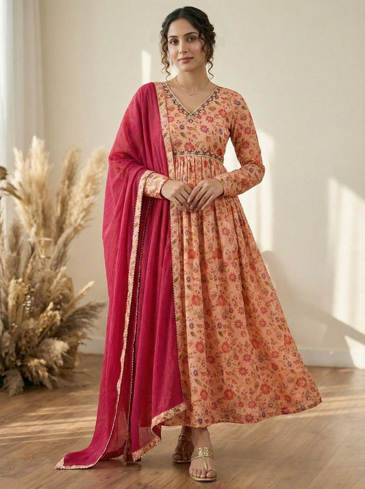 Elegant Floral Digital Printed Chinon Party Wear Gown Set With Dupatta