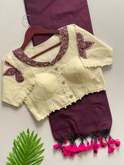 Beautiful Pure Khadi Cotton With Apllic Work Star Designer Blouse Saree