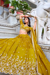 Beautiful Mustered Yellow Vichitra Silk Lehenga Choli