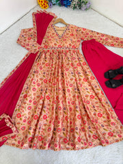 Elegant Floral Digital Printed Chinon Party Wear Gown Set With Dupatta