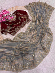 Beautiful Fendy Chiffon Coding & Sequence Embroidery Saree With Stitched Blouse