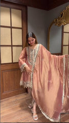 Dusty Peach Embroidered Festive Kurta Set with Designer Dupatta