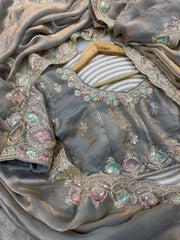 Beautiful Dual Color Soft Space Silk Sequence & Dori Embroidery Work Saree