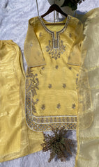 A Perfect Party-wear Designer Gold Crunchy Silk Real Mirror With Embroidery Work Sharara