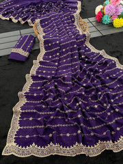 Beautiful Blooming Vichitra Silk Zari & Stone Work Saree