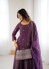 Elegant Wine Purple Chanderi Silk Embroidery Kurta Lehenga Set With Dupatta
