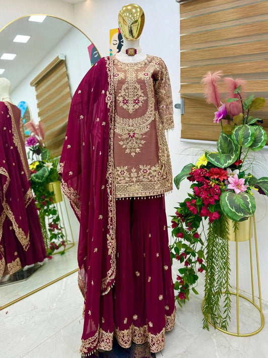 Party-wear Crunchy Silk Codding Embroidery Sequence Work Sharara