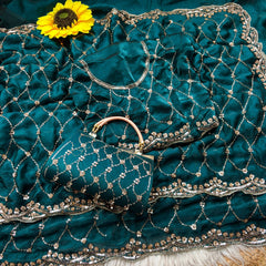 Party-wear Space Silk With Real Gold Beads With Cutwork Border Saree