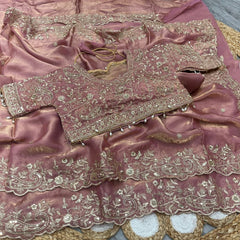 Party-wear Fendy Satin Silk Embroidery & Sequence Work Saree With Stitched Blouse