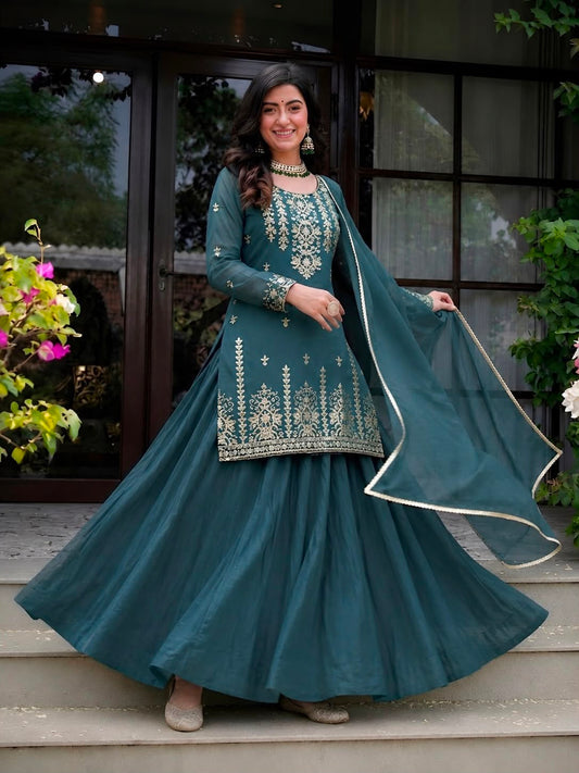 Designer Partywear Roman Cotton Sequence Embroidery Work Lehenga With Top & Dupatta