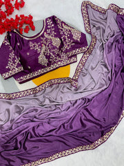 Beautiful Blooming Chinnon Peding Silk Saree With Stitched Blouse