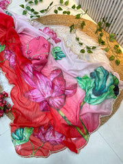 Beautiful Soft Organza With Floral Prints & Beads Katdana Handwork Border Saree