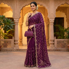 Party-wear Space Silk With Real Gold Beads With Cutwork Border Saree