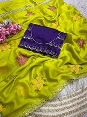 Beautiful Rangoli Silk With Multi Embroidery With Real Mirror Work Saree