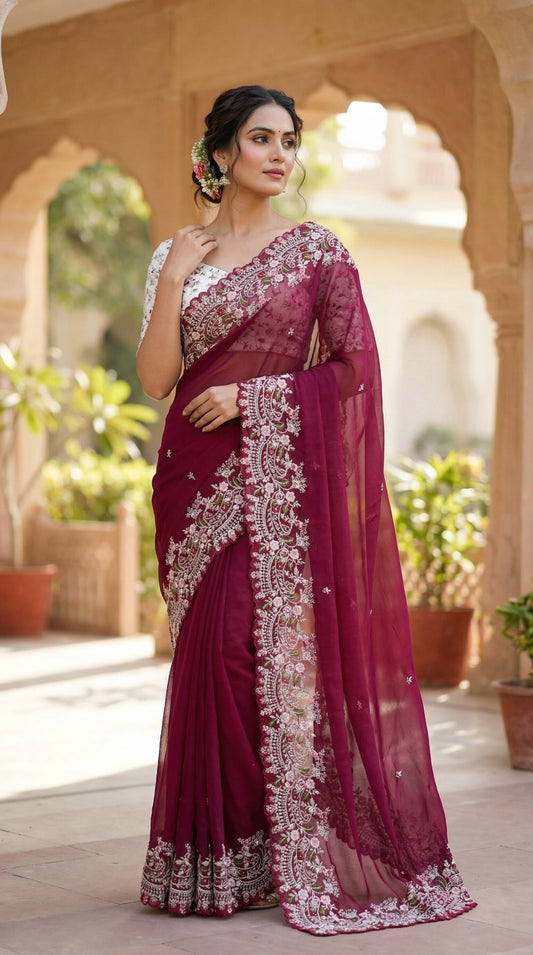 Beautiful Multi Sequence Embroidery With Work Saree