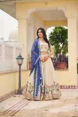 Festival Special Tissue Silk Embroidery Sequence Thread Work Lehenga With Stitched Blouse