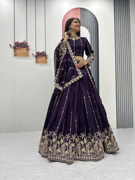 Festive Special Vichitra Silk Embroidery Thread & Sequence Work Lehenga With Stitched Blouse