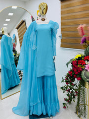 Party-wear Georgette Lace Work Top Palazzo & Dupatta Set