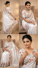 Beautiful Jimmy Choo Thread & Embroidery Work Designer Saree With Stitched Blouse