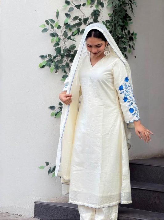 Summer Perfect Roman Silk Embroidery On Sleeves Kurti Pant With Dupatta