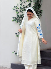 Summer Perfect Roman Silk Embroidery On Sleeves Kurti Pant With Dupatta