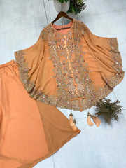 Indo Western Georgette Sequence Embroidery Work Kurta Palazzo With Shrug
