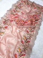 Beautiful Jimmy Choo Thread & Embroidery Work Designer Saree With Stitched Blouse