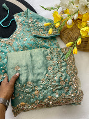 Beautiful Space Silk With Beautiful Original Golden Beads Work Saree With Stitched Blouse