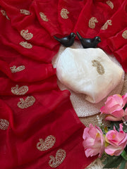 Beautiful Fendy Chiffon Silk Siroski & Val Moti Heart Cutwork Border Saree