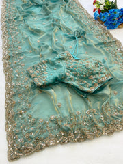 Beautiful Space Silk With Beautiful Original Golden Beads Work Saree With Stitched Blouse