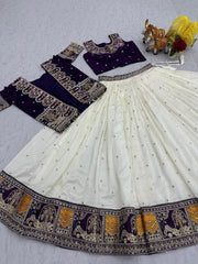 Festival Special Vichitra Silk Embroidery Thread Work Lehenga Choli With Koti