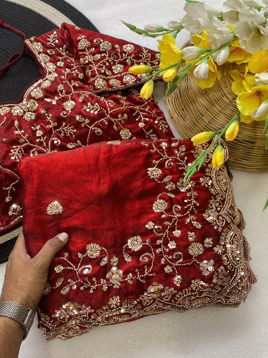 Beautiful Space Silk With Beautiful Original Golden Beads Work Saree With Stitched Blouse