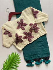 Beautiful Pure Khadi Cotton With Apllic Work Star Designer Blouse Saree