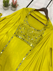 Trendy Stylish Franch Crape Real Mirror With Embroidery Work Blouse Skirt With Shrug