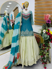 Party-wear Fendy Silk Embroidery Sequence Work Top Lehenga & Dupatta Set