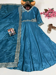 Beautiful Gold Crushed Silk Sequence Embroidery Work Long Gown