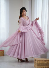 Party-Wear Georgette Handwork Neck Sleeve Fully Stitched Gown