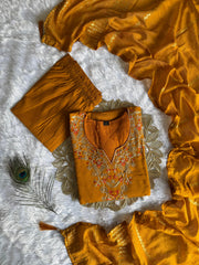 Beautiful Roman Silk Embroidery With Sequence Work Yellow Dress