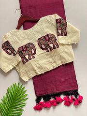 Beautiful Pure Khadi Cotton With Apllic Work Elephant Designer Blouse Saree