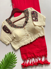 Beautiful Pure Khadi Cotton With Apllic Work Elephant Designer Blouse Saree