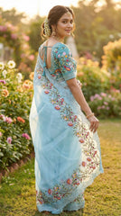 Beautiful Jimmy Choo Thread & Embroidery Work Designer Saree With Stitched Blouse