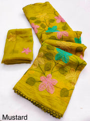 Party-wear Viscose Crunchy Silk Floral Design Embroidery Thread Work Saree