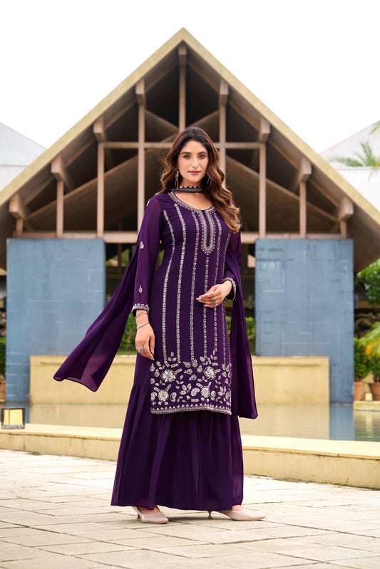 Party-wear Georgette Purple Sequence With Embroidery & Beads Work Dress