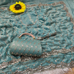 Party-wear Space Silk With Real Gold Beads With Cutwork Border Saree