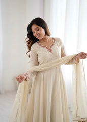 Party-Wear Georgette Handwork Neck Sleeve Fully Stitched Gown